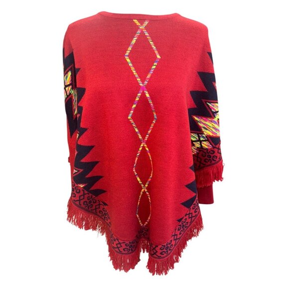 L&B Southwestern Aztec Boho Hippie Red Poncho Western Sweater Tribal Fringe m - Picture 1 of 9